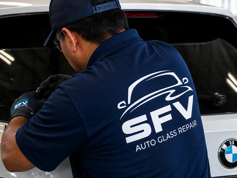 SFV Auto Glass technician working on the back glass of a BMW