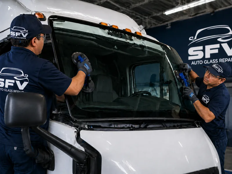 Two SFV Auto Glass technicians installing a windshield on a commercial box truck